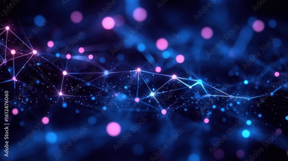 Poster abstract network of interconnected glowing nodes and lines in blue and pink on a dark background con