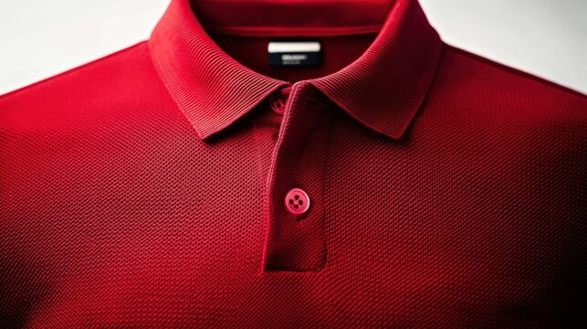 Close up of a red textured polo shirt with collar and buttons showing fine knit pattern and fabric detail