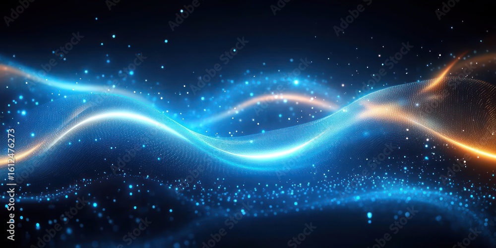 Poster dynamic flowing wave of glowing blue and orange light particles creating an abstract digital energy 