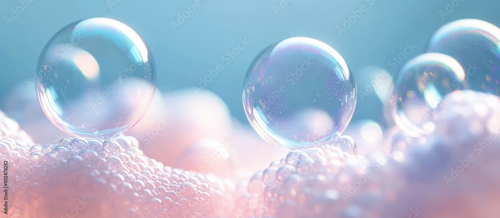 Poster close-up of transparent soap bubbles resting on a cluster of smaller bubbles with soft pastel hues a
