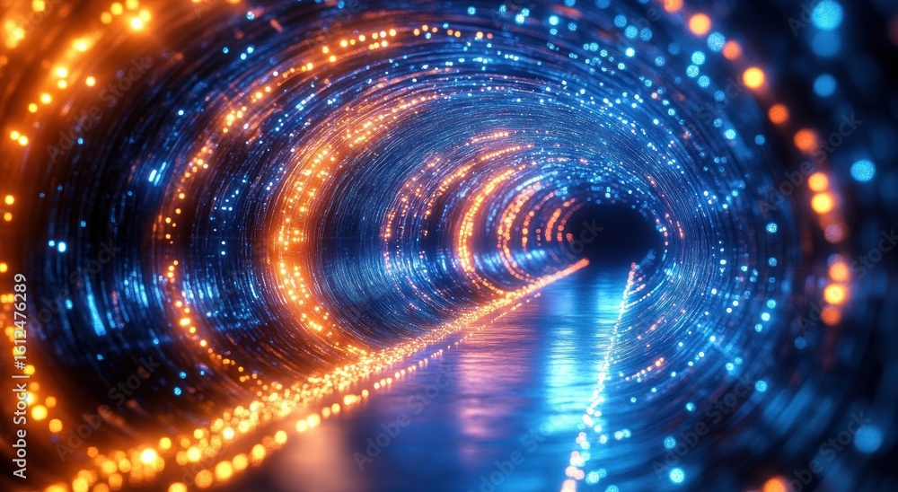 Poster futuristic illuminated tunnel with swirling orange and blue glowing lights creating a sense of depth