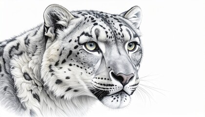 A majestic snow leopard portrait, rendered in exquisite detail with graphite, showcases its piercing gaze and unique markings.
