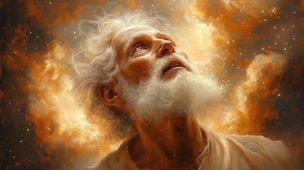 Fototapeta premium Elderly man with white hair and beard looking upwards surrounded by glowing golden clouds with an expression of awe and wonder