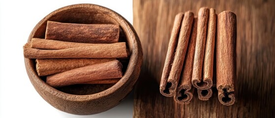 Close-up of cinnamon sticks arranged inside a wooden bowl and lined up on a wooden surface showcasing their texture and natural brown color