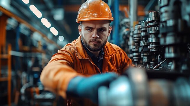 focused male factory worker in orange uniform and helmet inspecting machinery parts in industrial setting