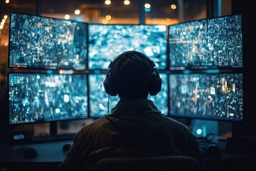 Obraz premium Person wearing headphones sitting in front of multiple large monitors displaying complex blue data and cityscape at night in a dark room