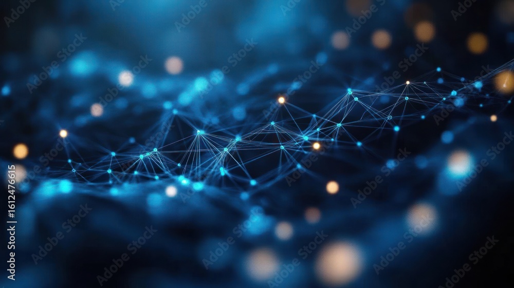Poster abstract digital network with glowing blue nodes connected by lines creating a futuristic and techno