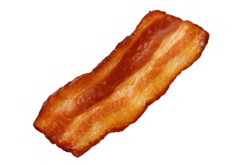 Spinning crispy bacon strip on clear backdrop, highlighting culinary detail for food graphics and recipe design