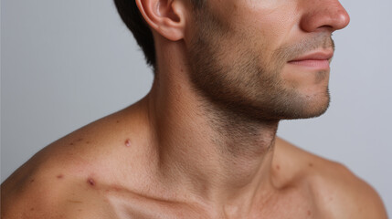 Obraz premium Man shoulder rash with flaking skin and acne spots on light skin, close up side view showing skin irritation and texture in soft low light environment