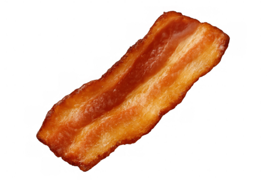 Spinning crispy bacon strip on clear backdrop, highlighting culinary detail for food graphics and recipe design