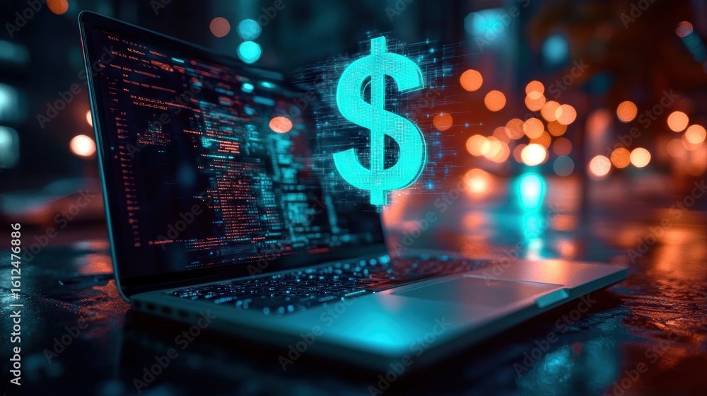 Poster open laptop on wet surface at night displaying computer code with glowing digital dollar sign hologr