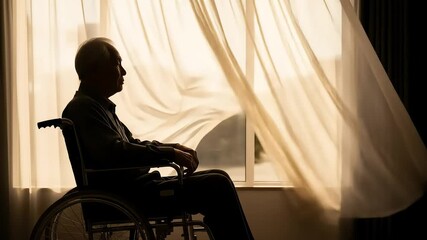 Silhouette Of An Elderly Man In Wheelchair Beside Bright Window With Curtains