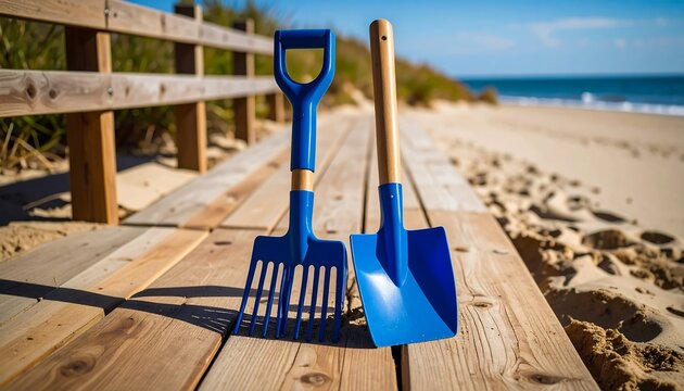 Blue plastic child's shovels on a wooden boardwalk by the ocean - Powered by Adobe
