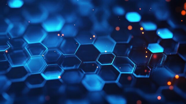 Blue illuminated hexagonal grid pattern with glowing edges and scattered orange light particles creating a futuristic and technological atmosphere