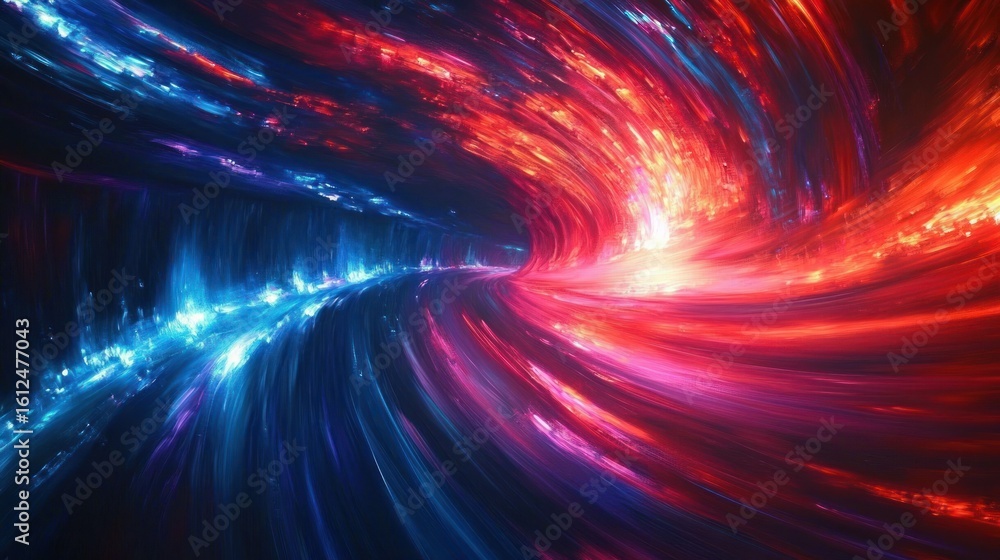 Poster dynamic swirling tunnel of vibrant blue and red light streaks creating a sense of motion and energy 