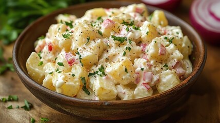 Close-up of creamy potato salad with diced red bell peppers, fresh parsley, and black pepper in a wooden bowl on a rustic wooden surface