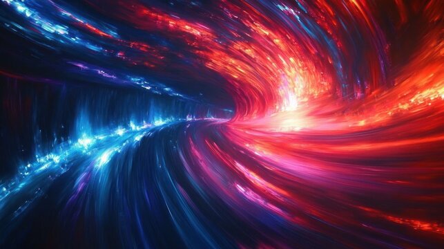 Dynamic swirling tunnel of vibrant blue and red light streaks creating a sense of motion and energy in an abstract cosmic or futuristic environment - Powered by Adobe