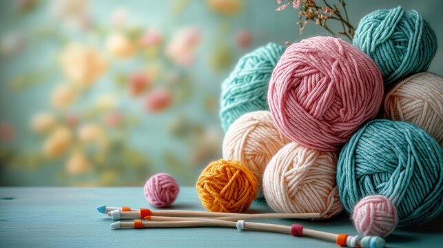 Pastel colored yarn balls stacked next to wooden knitting needles on a table with a floral blurred background creating a cozy and creative atmosphere