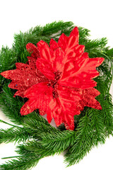Velvety red poinsettia with glitter accents rests on green fir branches. Elegant Christmas craft...
