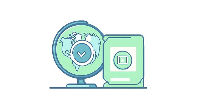 A globe with a check mark and a device with a social media icon in light blue hue