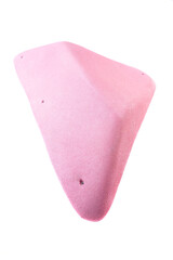 Pink climbing hold with textured surface and angular shape for indoor bouldering or rock climbing gym, isolated on white background.