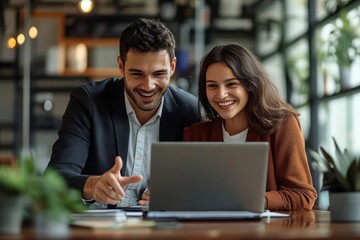 Fototapeta premium Smiling young man and woman working together on laptop at a cozy modern office space with indoor plants and natural light