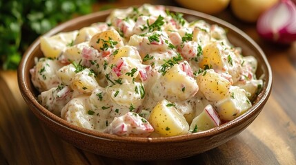 Creamy potato salad with herbs and diced vegetables in a rustic brown bowl on a wooden surface
