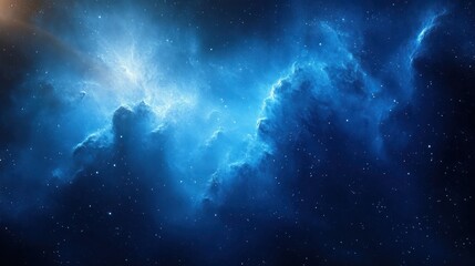Vast deep space scene with glowing blue nebula clouds and scattered stars creating a serene cosmic atmosphere
