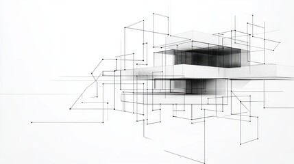Abstract architectural concept of a modern, minimalistic building with intersecting lines and transparent overlapping planes creating a futuristic and technical impression