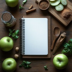 Blank spiral notebook surrounded by green apples, cinnamon sticks, wooden spoons, basil leaves, and various spices on a wooden table creating a cozy and creative cooking setup