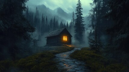 A small wooden cabin glowing with warm light in a dark, misty forest surrounded by tall pine trees and distant mountains, creating a mysterious and cozy atmosphere
