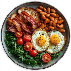 Plate with fried eggs seasoned with black pepper, grilled bacon strips, cooked beans, fresh cherry tomatoes, leafy greens, and toasted bread slices