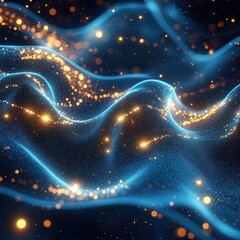 Abstract flowing blue waves with glowing golden particles creating a dynamic, futuristic, and mesmerizing visual effect evoking motion and energy
