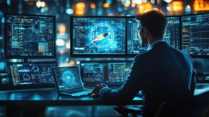 Man in business suit working at a desk with multiple computer screens displaying complex data and a rocket illustration, focusing intensely in a modern tech environment