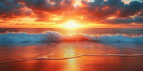 Vibrant golden sunset over a calm ocean with gentle waves washing onto the sandy beach under a dramatic partly cloudy sky