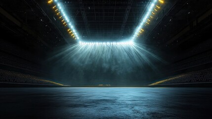 Empty indoor stadium with bright spotlights illuminating the center of the field, creating dramatic beams of light and shadows with rows of seating surrounding the area