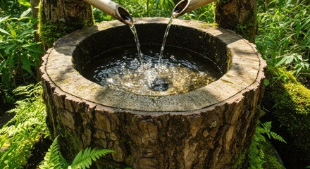 Fototapeta premium Wooden water basin with bamboo spout