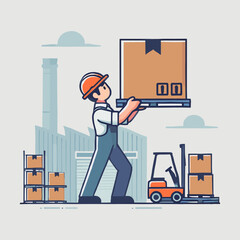 Cartoon of a Freight Clerk Man Lifting a Box in a Factory