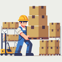Workers Carrying Cardboard Pallet Boxes in Warehouse with Forklift