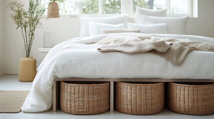 Cozy bedroom with a neatly made bed featuring white linens and a beige throw blanket, three large woven baskets under the bed, a neutral-toned rug, and a potted plant near a large window