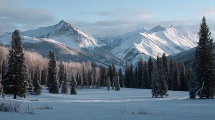 Serene snow covered meadow with distant mountains and tall pine trees under soft blue sky creating peaceful winter landscape with gentle light and calm atmosphere