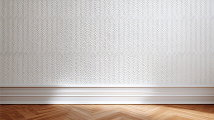 Naklejka premium White textured wallpaper with zigzag pattern and wooden parquet floor illuminated by soft natural light creating calm and elegant interior atmosphere