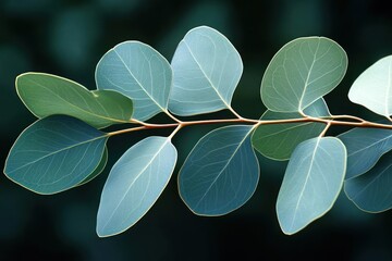 Close-up view of a delicate branch featuring smooth, oval bluish-green leaves with visible veins set against a dark, softly blurred natural background, conveying tranquility and freshness