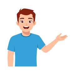 Happy young man present something isolated with smiling expression in illustration style
