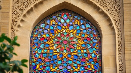 Ornate stained glass window in a patterned archway