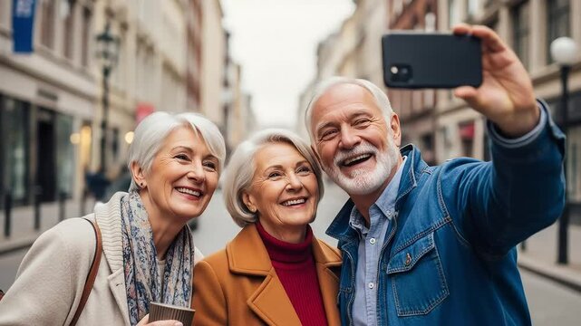 Three Senior People Taking a Selfie on a City Street Enjoying Their Travel Experience