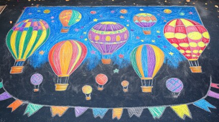 Colorful chalk hot air balloons on dark pavement