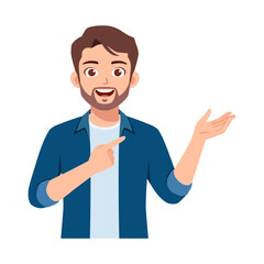 Smiling Caucasian man pointing and gesturing with hand offering presentation, standing friendly