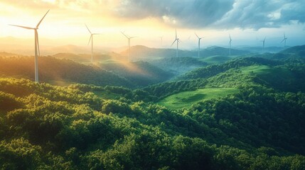 Expansive green hills covered with dense forests under a dramatic sky with sunlight breaking through clouds illuminating multiple wind turbines along the ridges