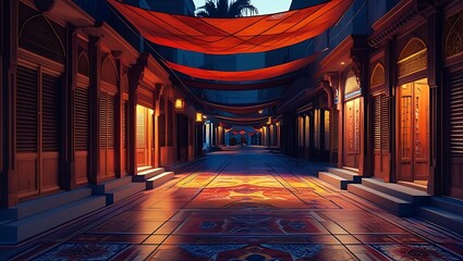 Obraz premium Mysterious ancient hallway illuminated by warm lantern light